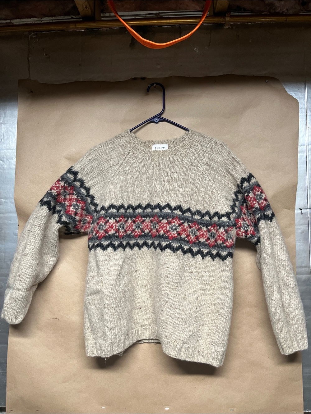 J. Crew Beige Wool Fair Isle Crewneck with Red & Charcoal Accents